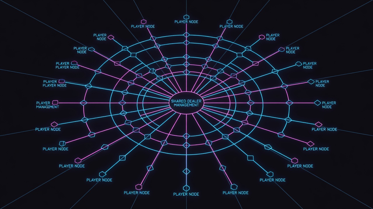 multiplayer card table configuration diagram with unlimited player capacity and shared dealer management structure illustrated