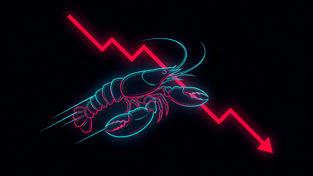 stylized lobster token surging upward next to a red downward chart line