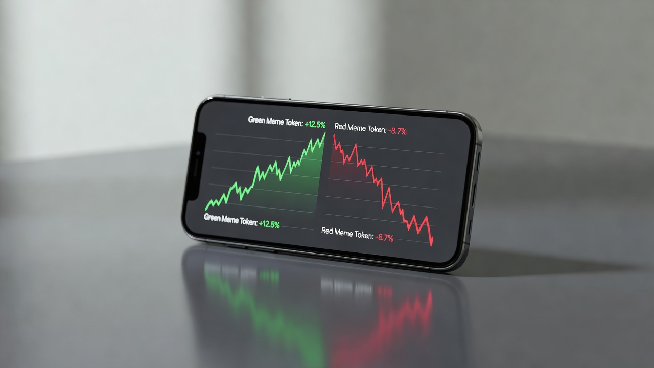 side-by-side sparklines of green and red meme tokens on a phone screen