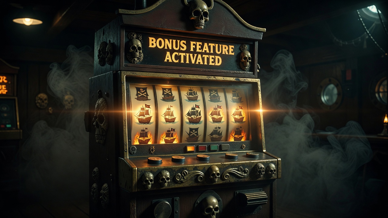 Pirate-themed slot machine showing bonus feature activation with ship graphics