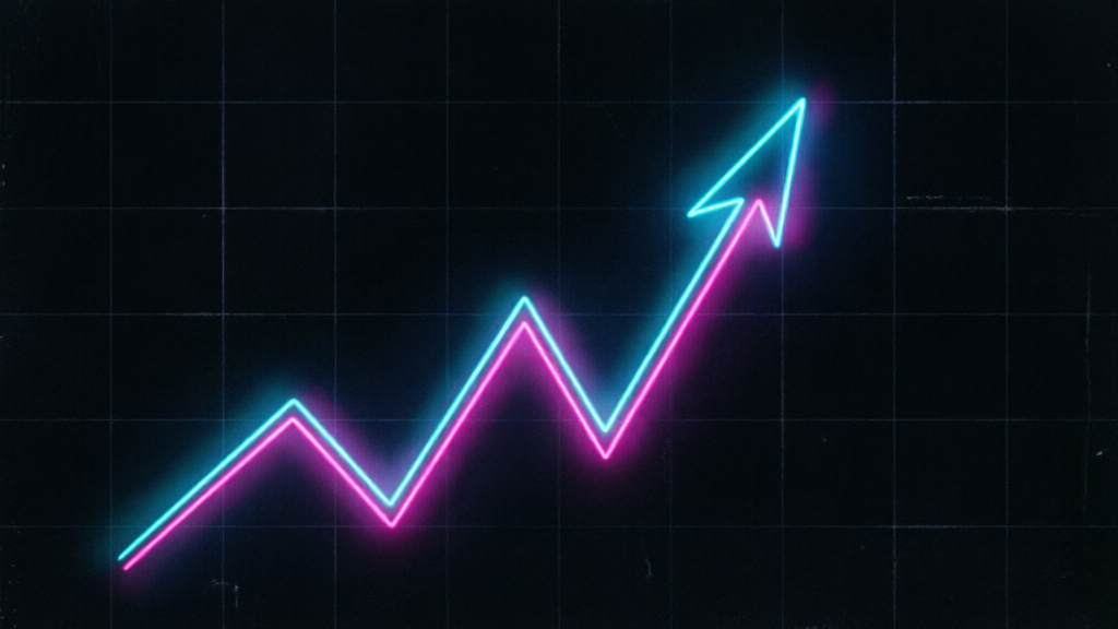 A neon chart line spiking sharply upward against a dark grid
