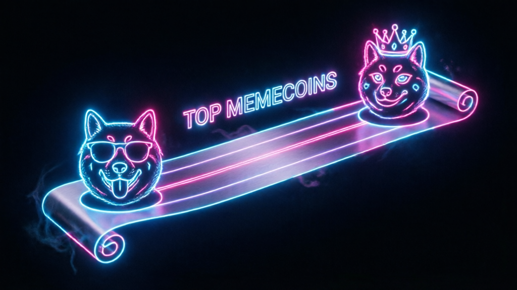 two memecoins diverging on a glowing tape leaderboard
