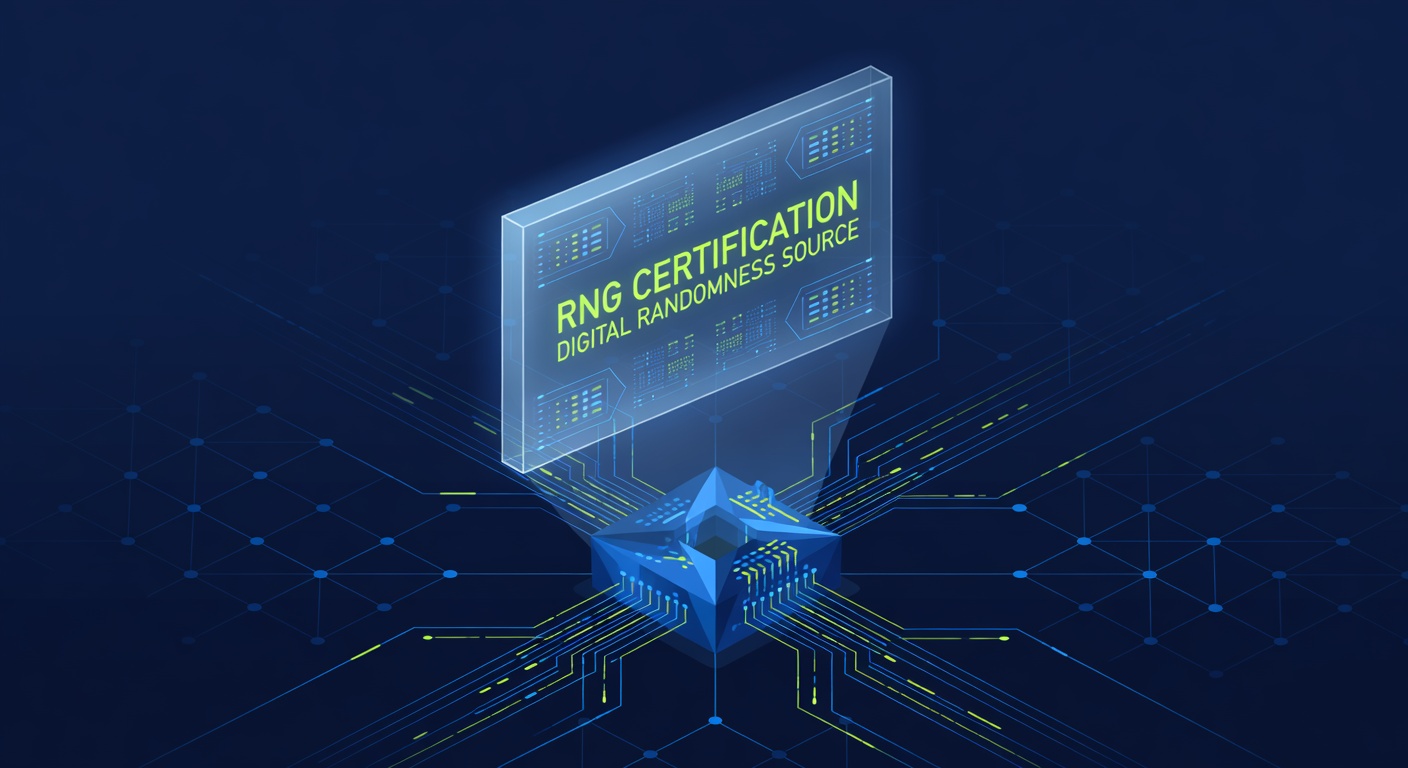 RNG certification hologram glowing above digital randomness source in network space