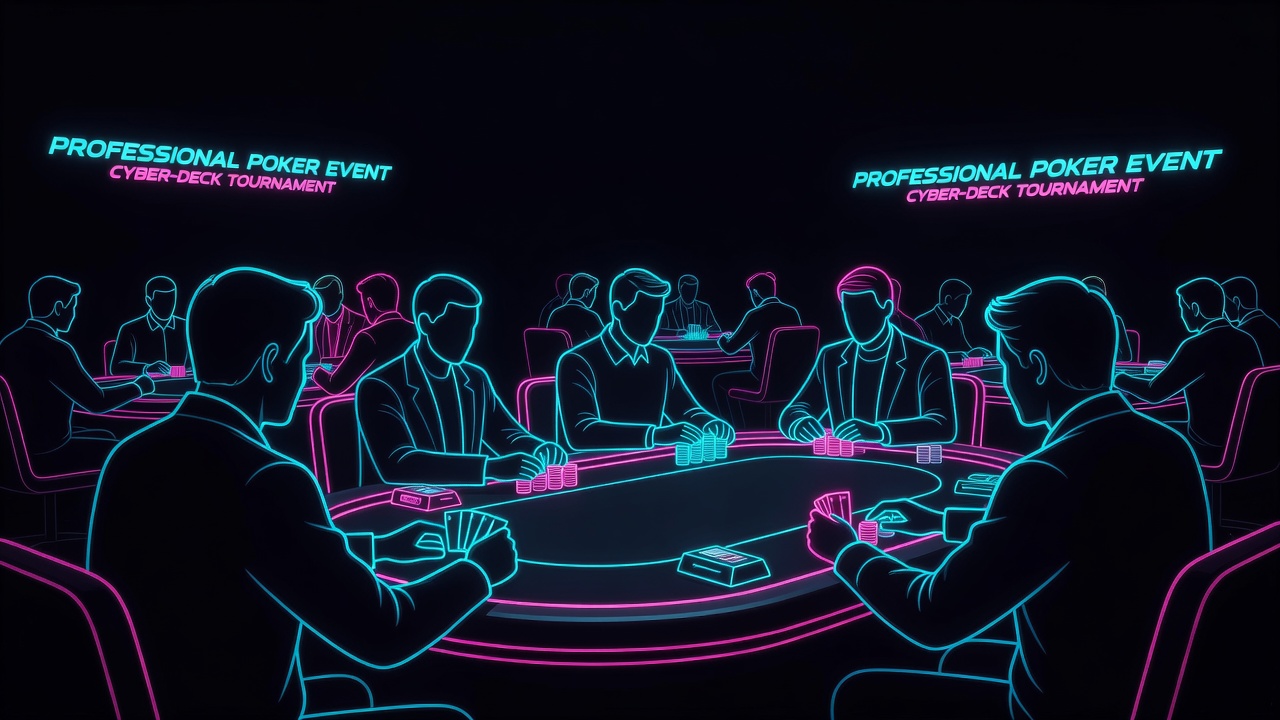 Professional poker event with multiple playing tables and dealer stations