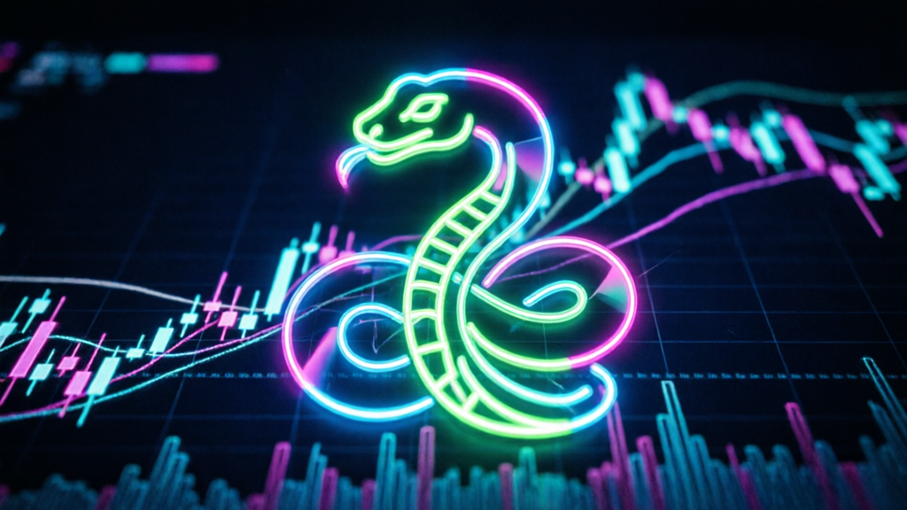 neon green snake token icon rising on a dark trading chart
