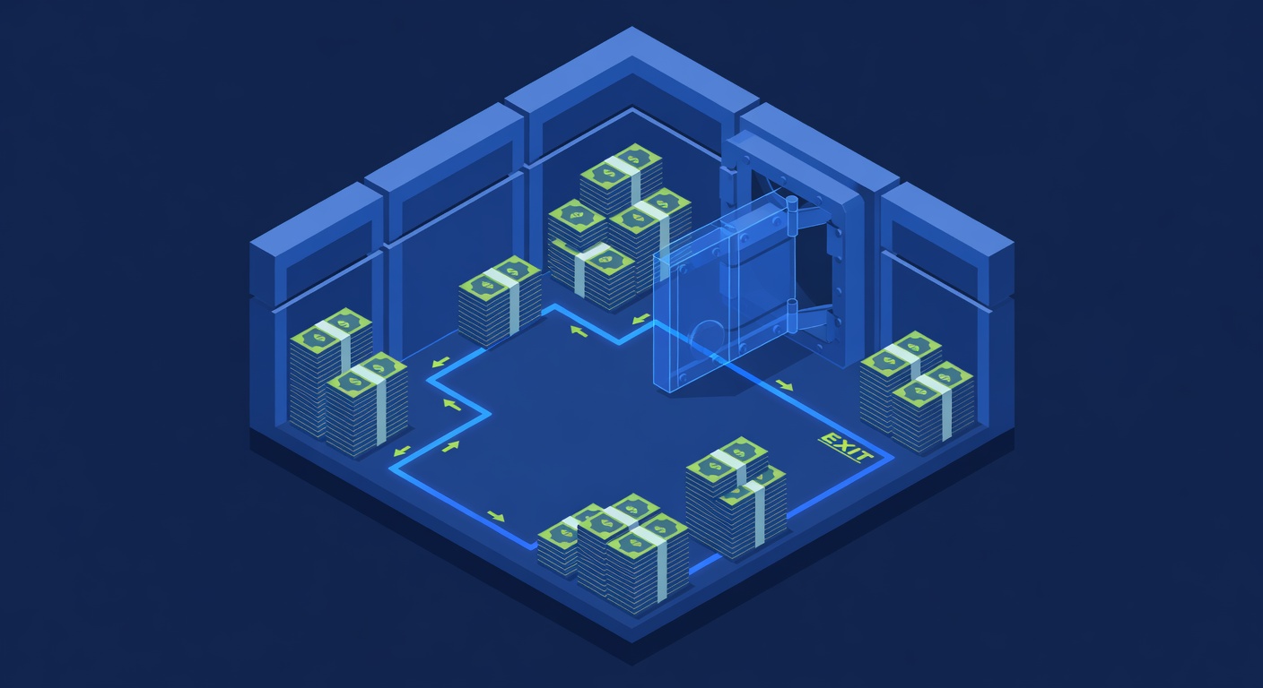 casino vault interior with stacked cash and heist route floor plan overlay