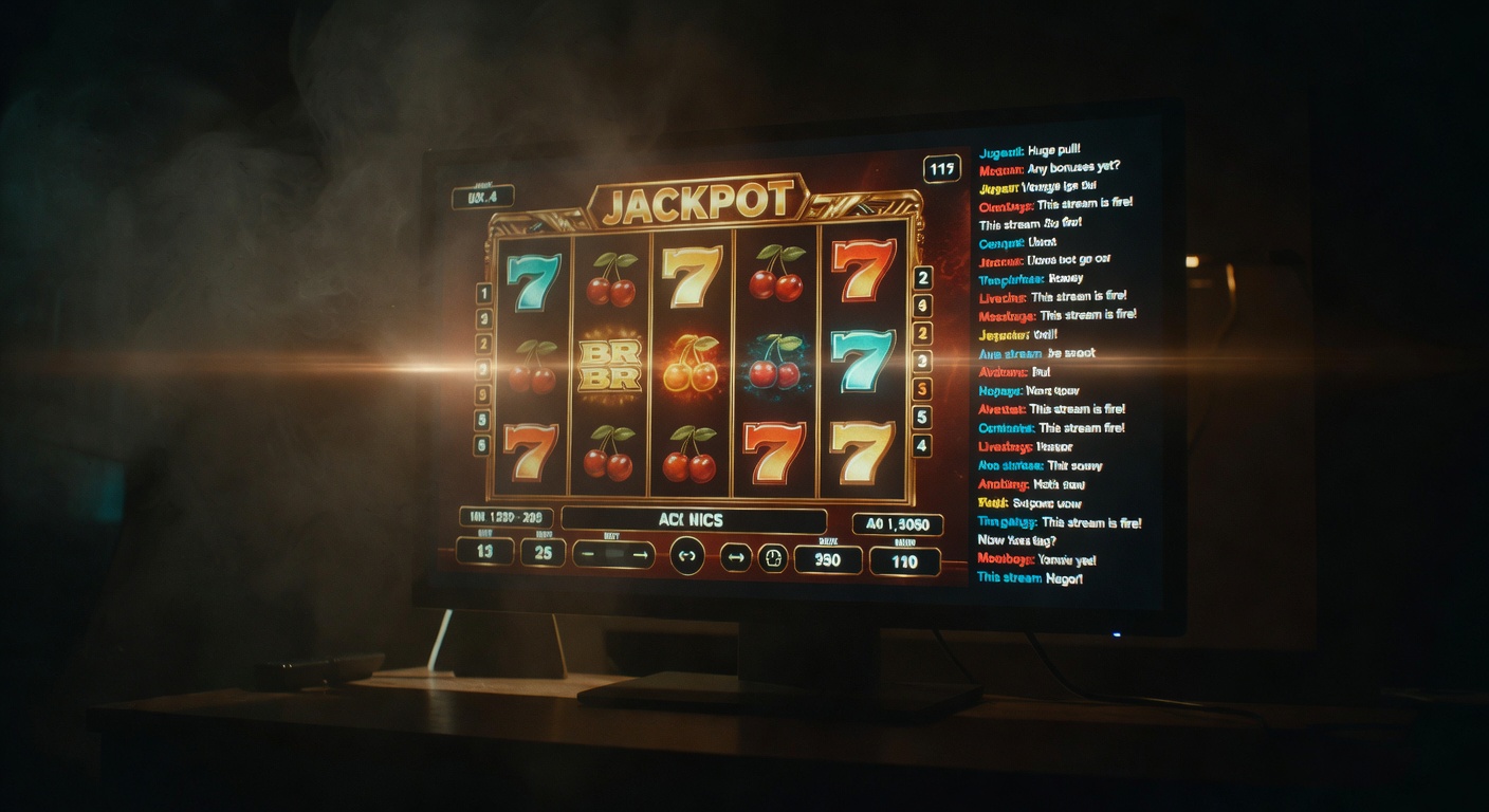 live streaming broadcast interface showing slot game window with chat overlay visible