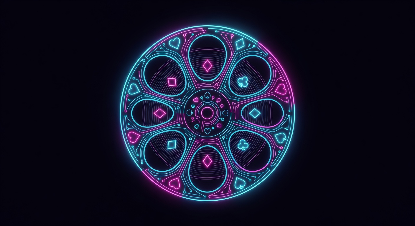cinematic reel showing poker card symbols embedded in neon circuit pathways