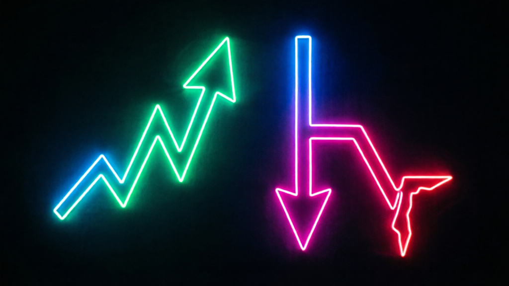 neon leaderboard arrows showing one green gainer spike and one red dumper drop