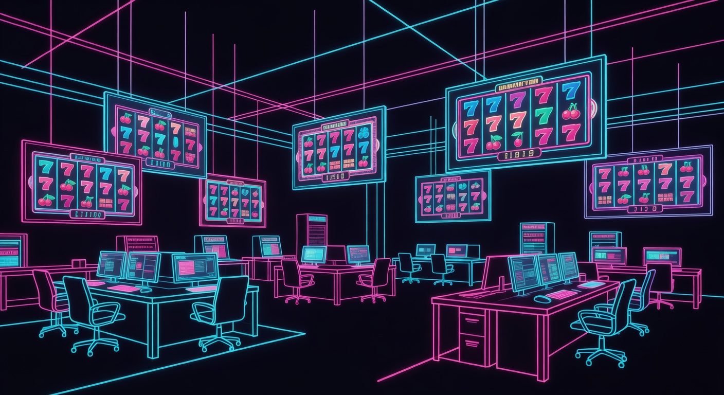 slot game studio production floor with multiple screens showing reel design artwork