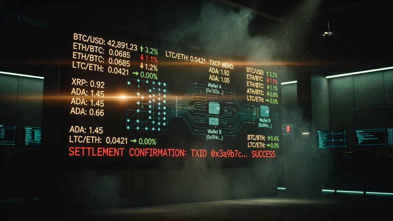 cryptocurrency exchange rate board with blockchain wallet connection diagram and settlement confirmation overlay