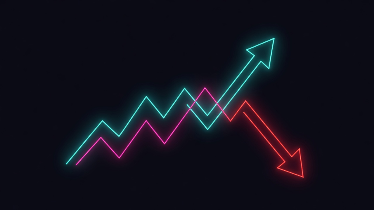 neon chart line spiking upward beside a red downward arrow on dark background