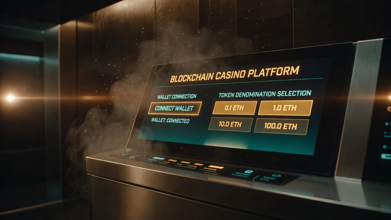 blockchain-based casino platform interface showing wallet connection and token denomination selection