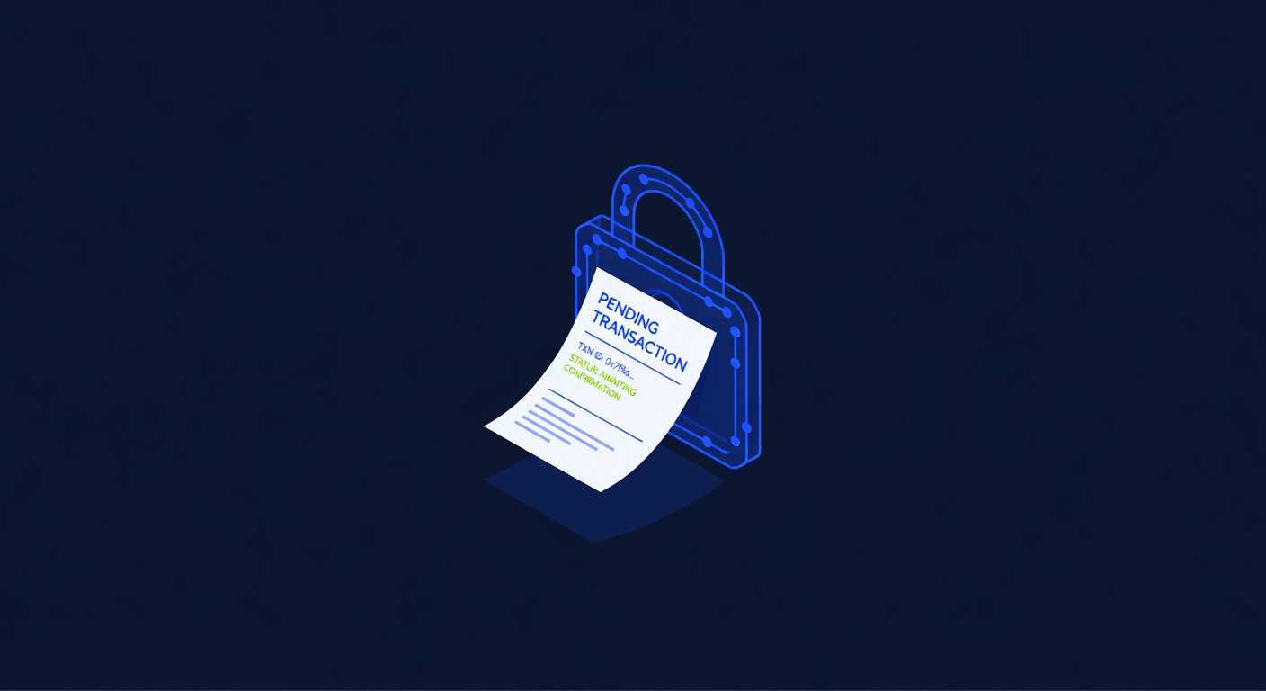 pending transaction receipt floating in suspension within digital padlock frame