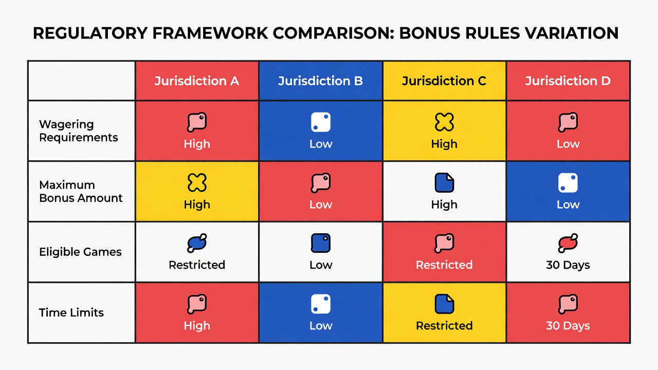 regulatory framework comparison table showing bonus rules variation across different gaming jurisdiction columns