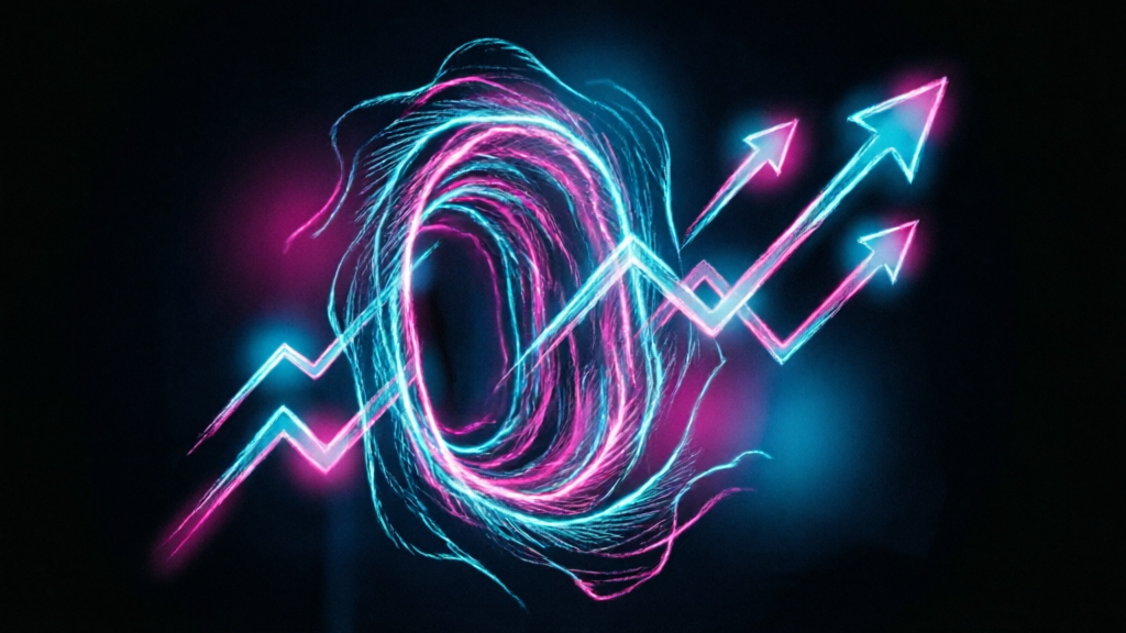 abstract line drawing of a glowing wormhole portal with upward price arrows