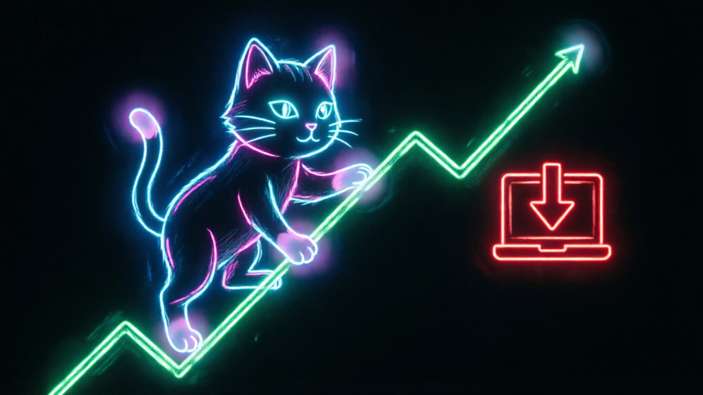 neon cat mascot climbing a green chart line beside a red downward laptop token