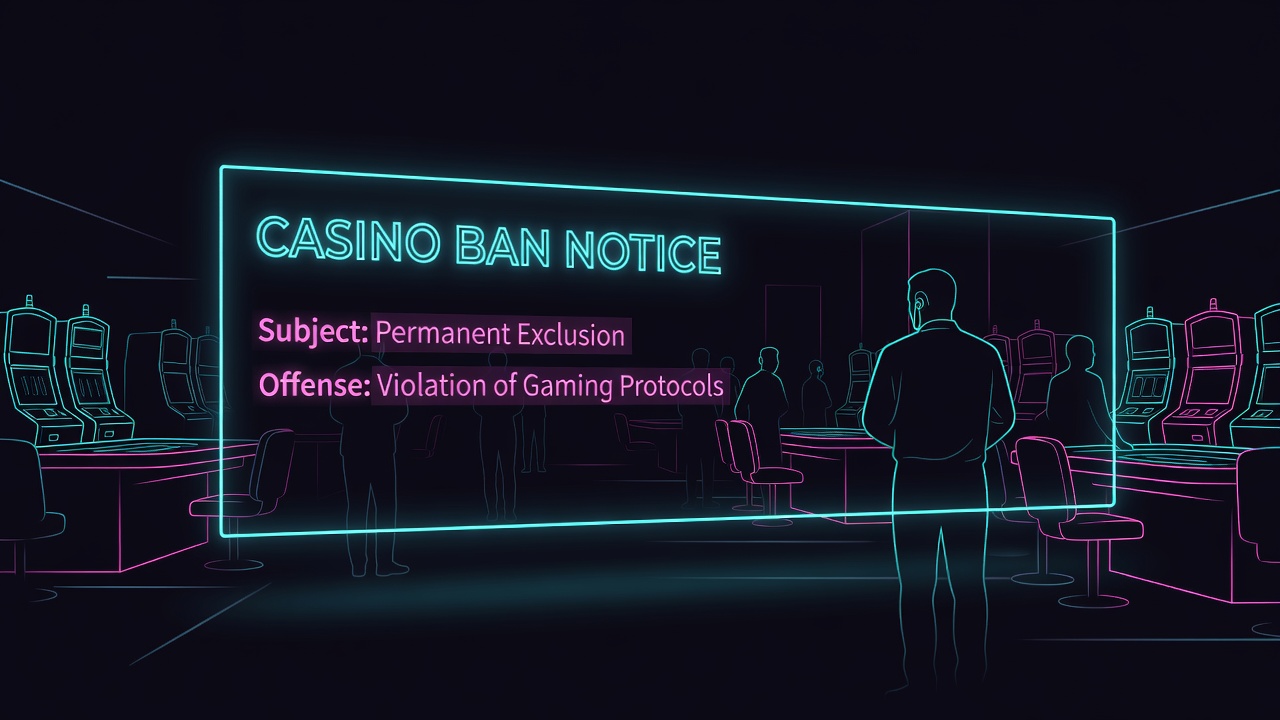 casino ban notice document on gaming floor with security personnel in background