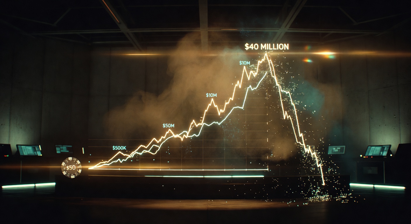 Timeline showing $50 chip expanding to $40 million peak followed by complete value collapse