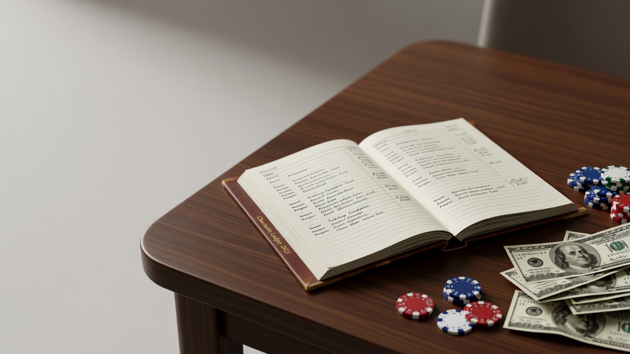 charitable donation ledger opened across a table with gaming winnings visible in corner
