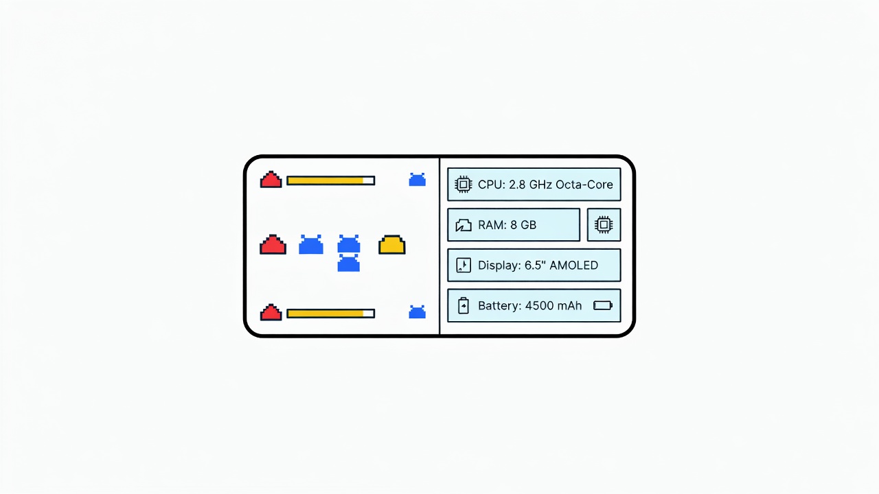 mobile device screen divided between game interface and device specifications technical overlay