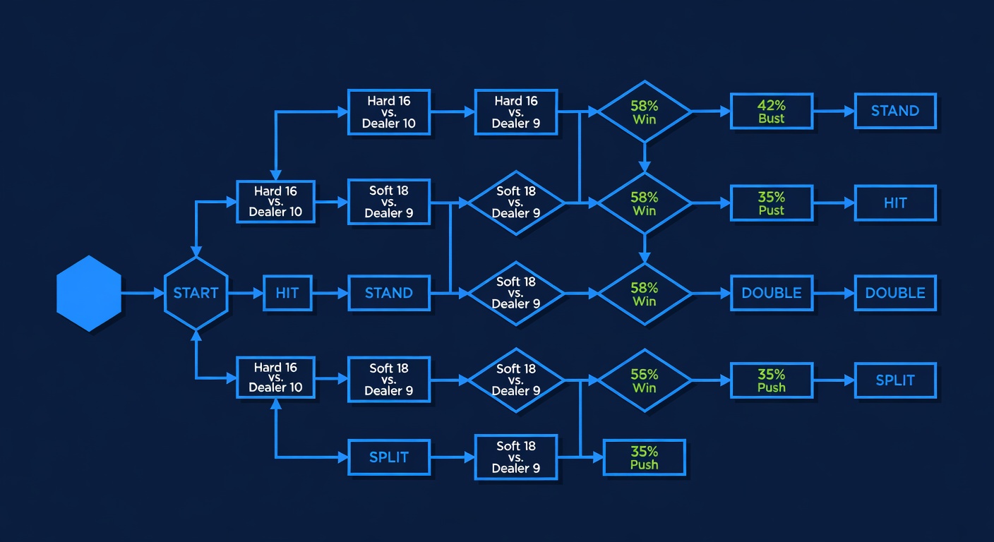 Blackjack strategy tree branching into decision nodes with probability percentages