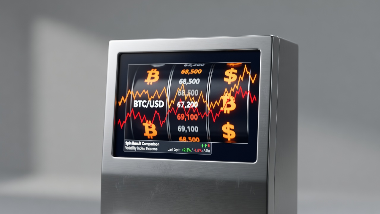 Bitcoin price volatility graph overlaid on slot machine spin result comparison visualization
