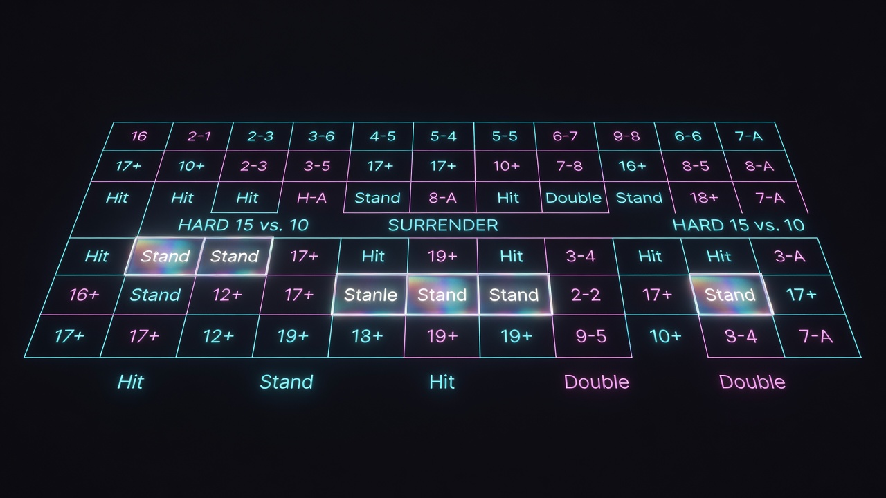 Blackjack decision matrix with surrender options highlighted in holographic display