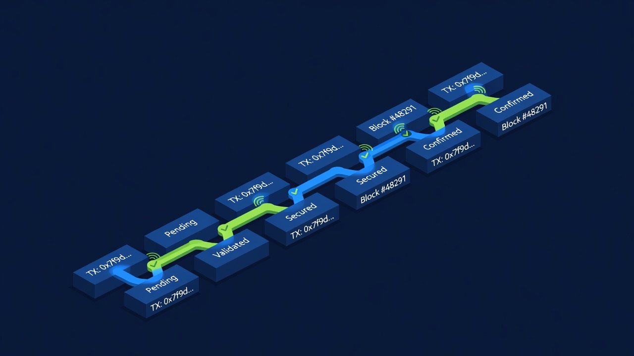 blockchain confirmation sequence visualized with transaction chain links anchoring deposit security