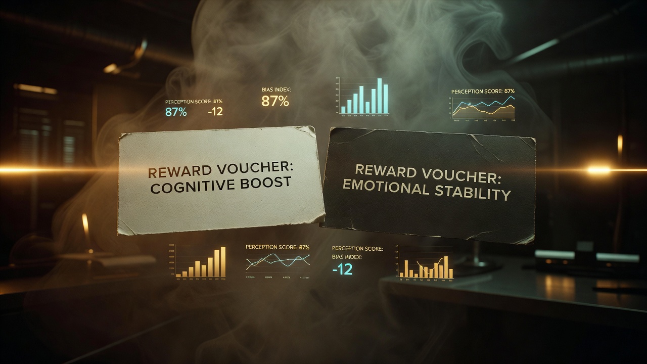 two reward vouchers held side-by-side with psychological perception metrics hovering between them