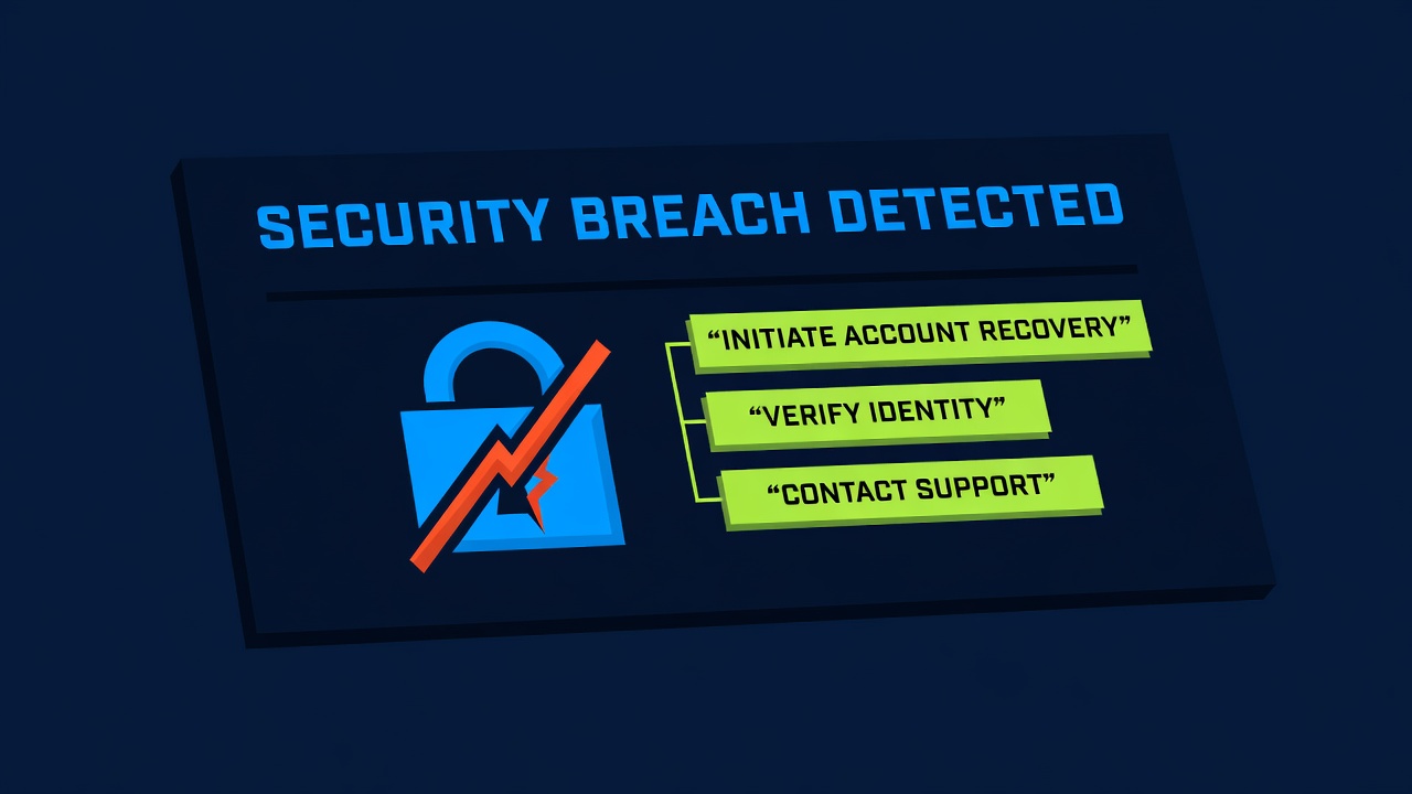 security breach notification screen with account lock mechanism and recovery options highlighted