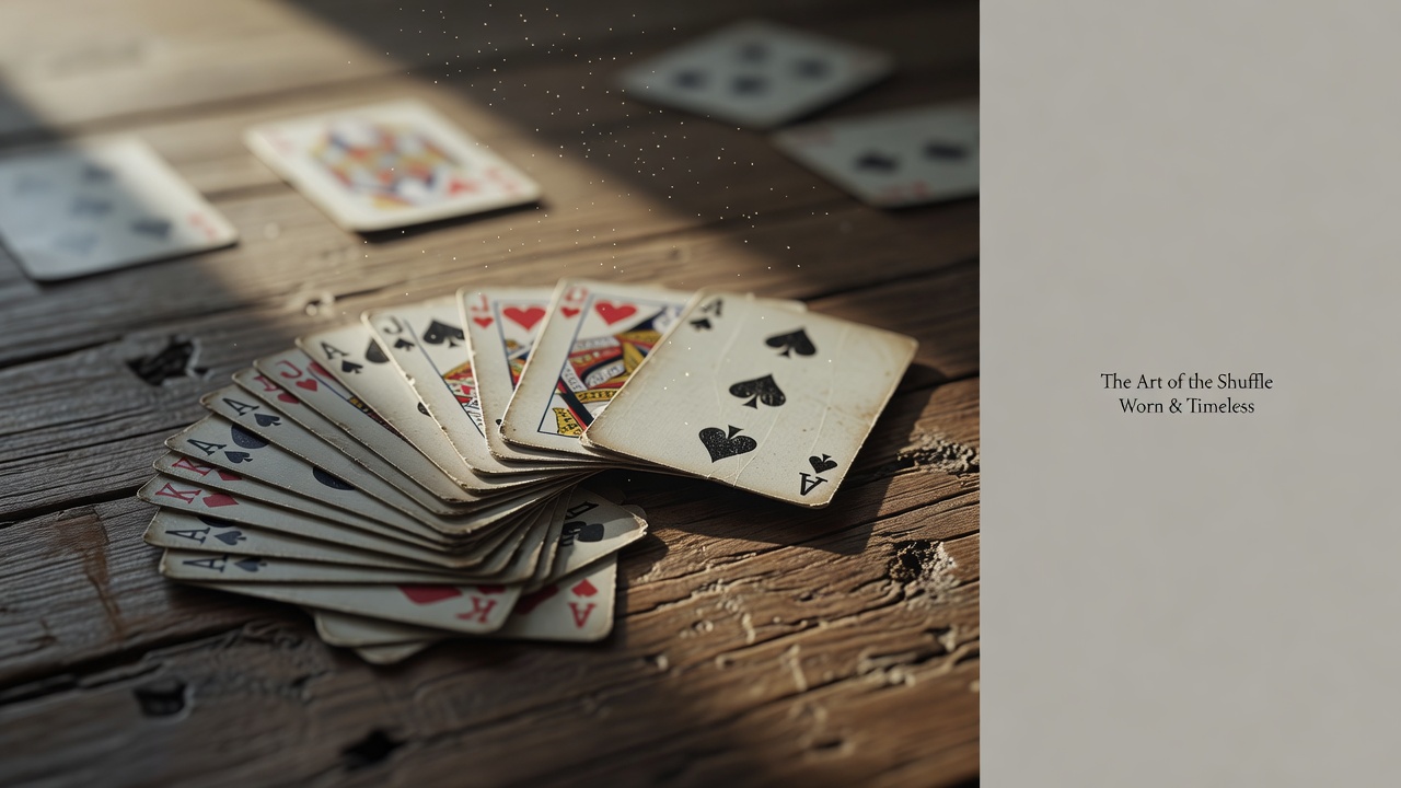 worn playing cards fanned across aged wood surface with dust particles catching light