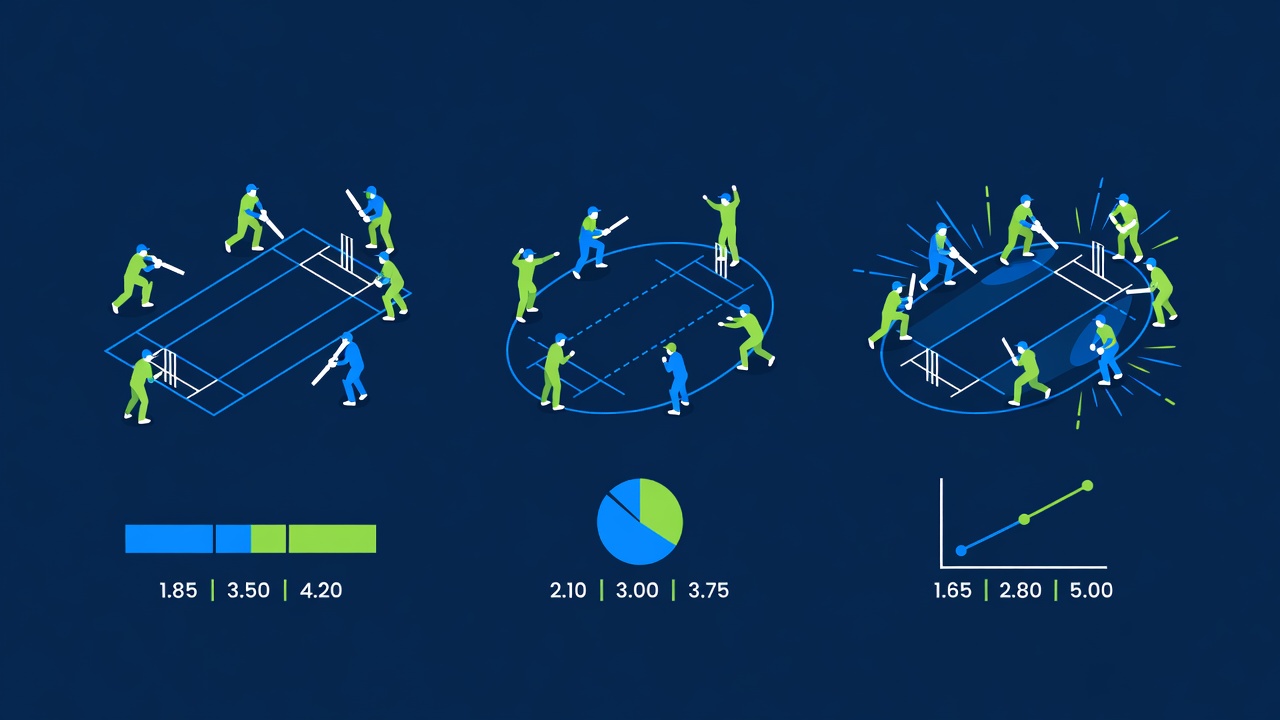 Three cricket formats shown side-by-side with distinct betting odds diagrams overlaid beneath