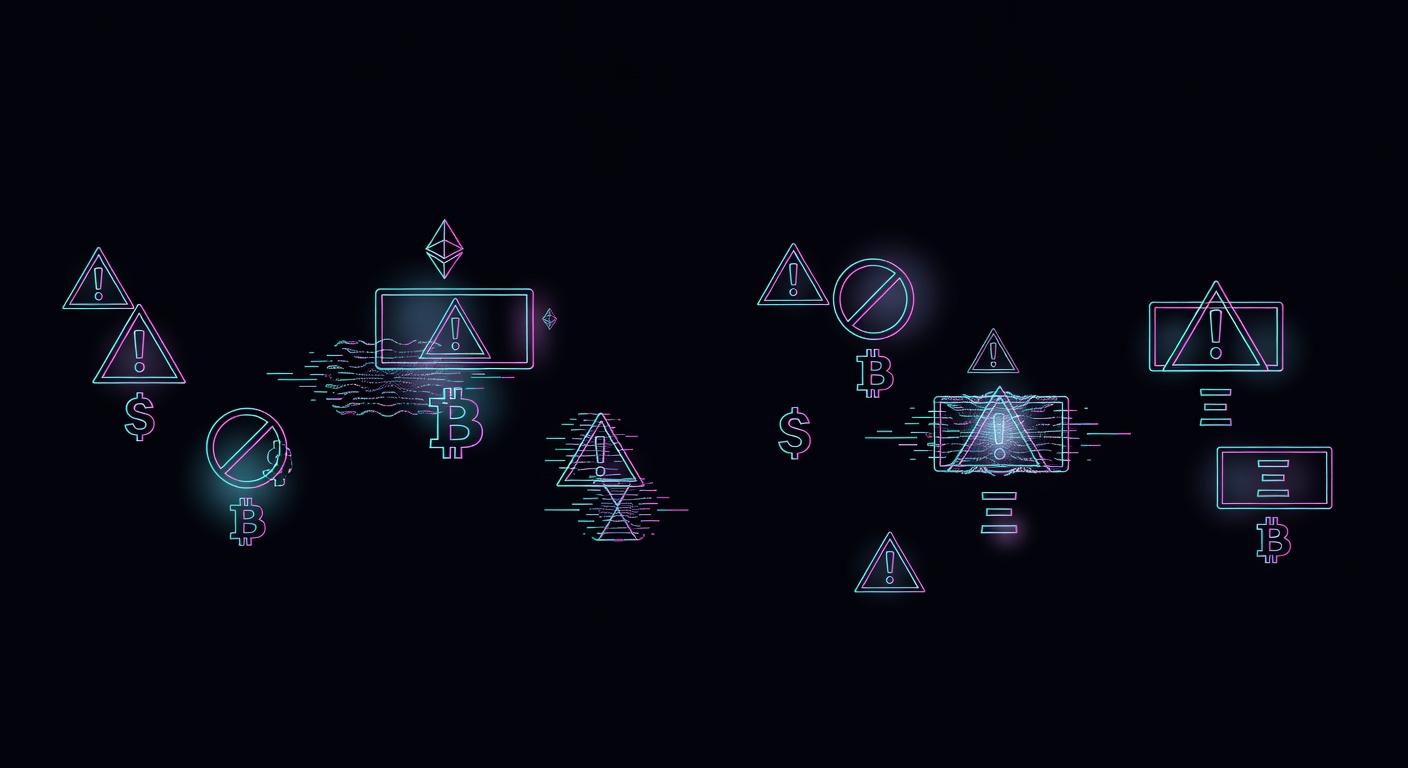 warning signs floating above digital currency symbols with deception patterns highlighted