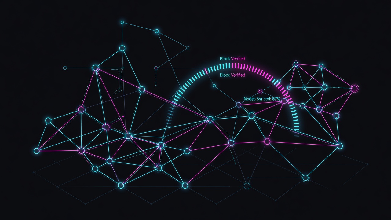 Blockchain confirmation visualization with network node synchronization progress indicator