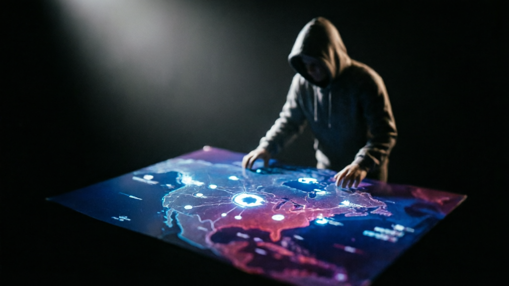 silhouetted hacker over glowing offshore casino ownership map