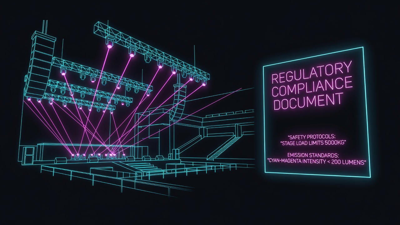 concert stage lighting illuminating performance venue while regulatory compliance document glows nearby
