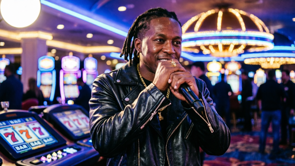 Lil Wayne performing in a neon casino setting with betting screens