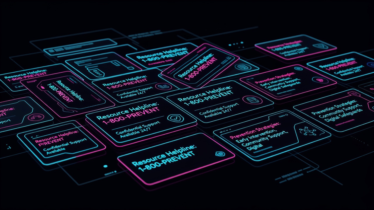 Resource helpline contact cards fanned across surface with prevention strategy information visible