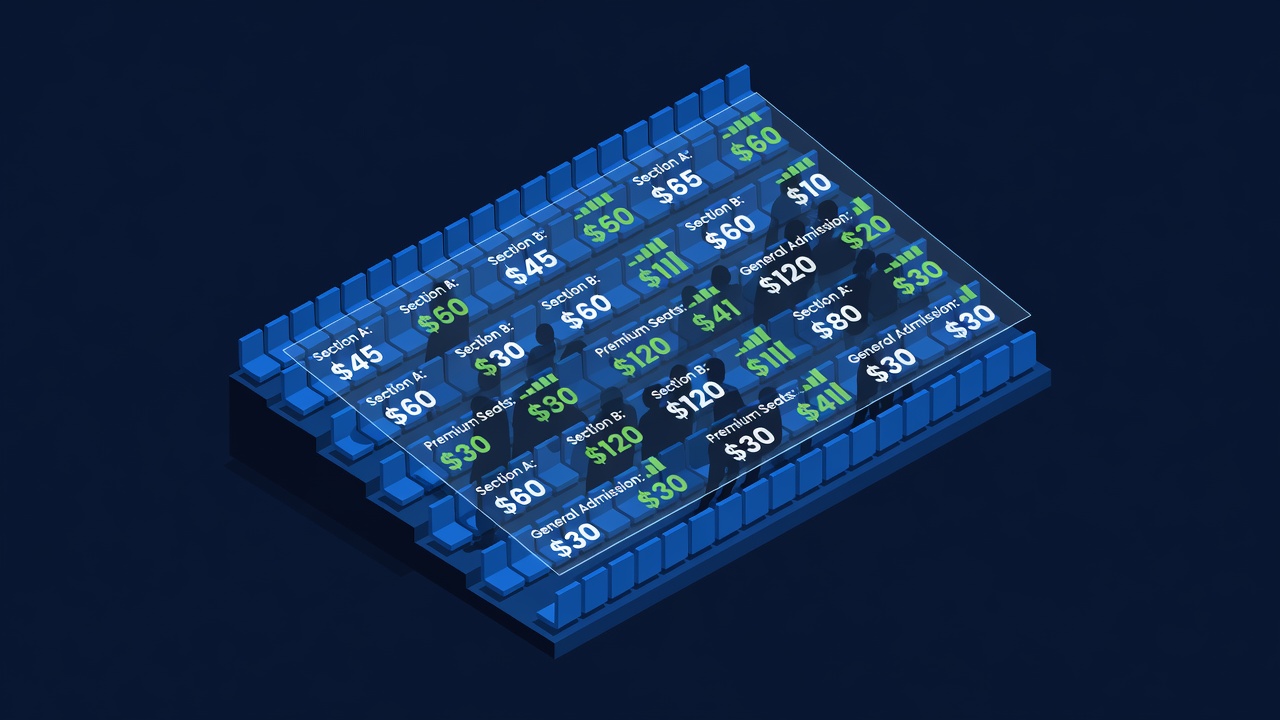 stadium seating with crowd shadows falling across pricing data displayed on transparent overlay