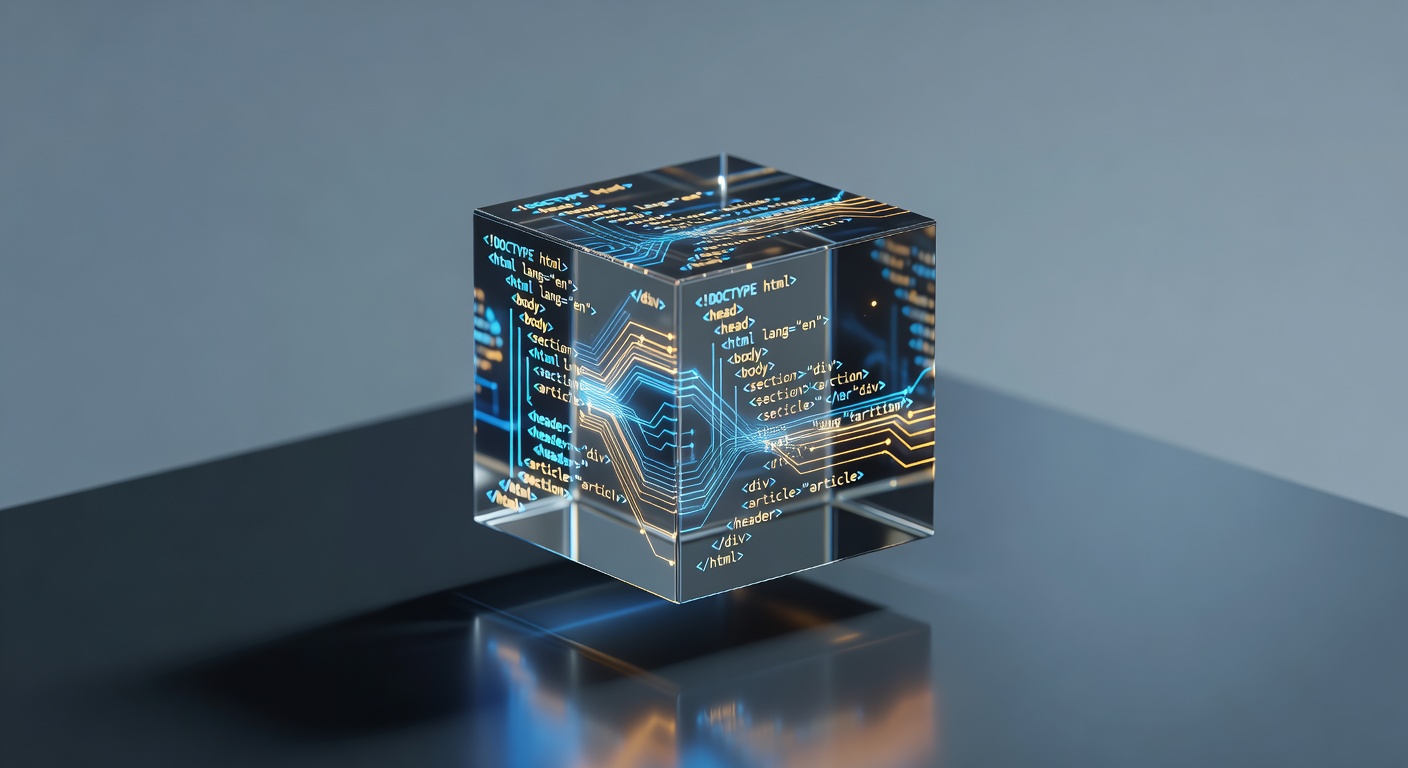 HTML5 code structure represented as digital cube with rendering pathways