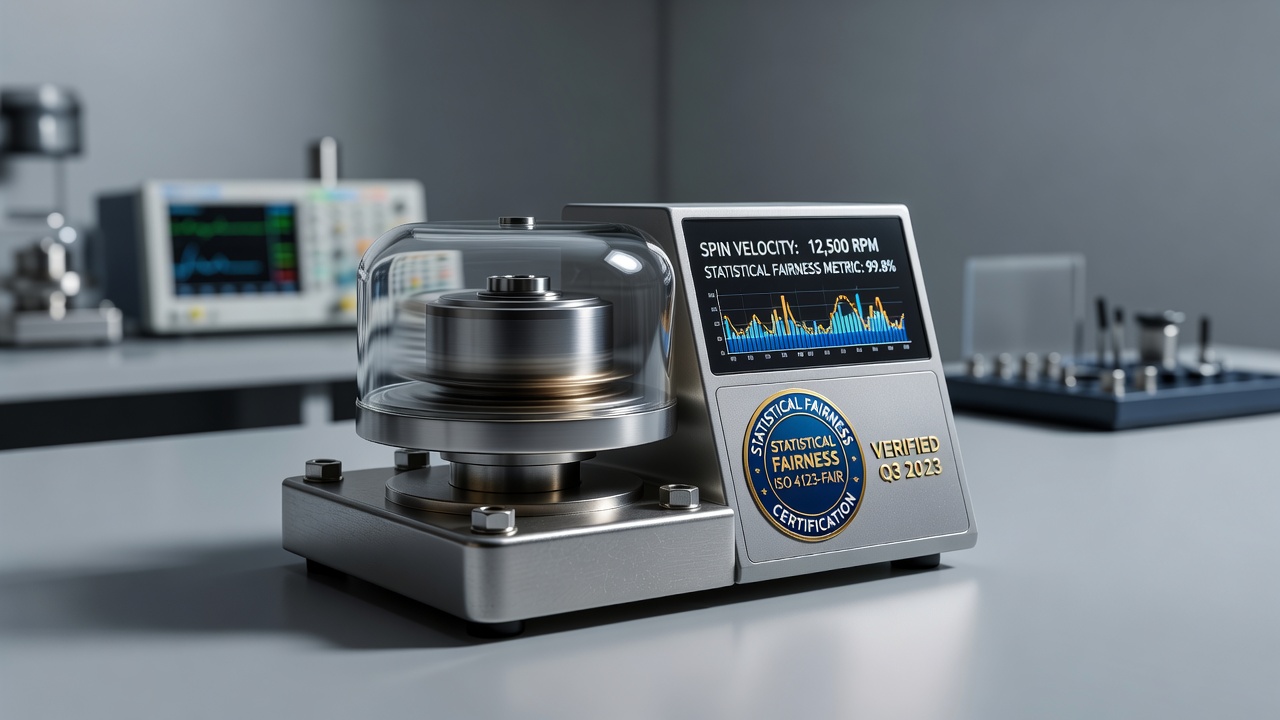test laboratory equipment analyzing spinning mechanism with statistical fairness certification badge