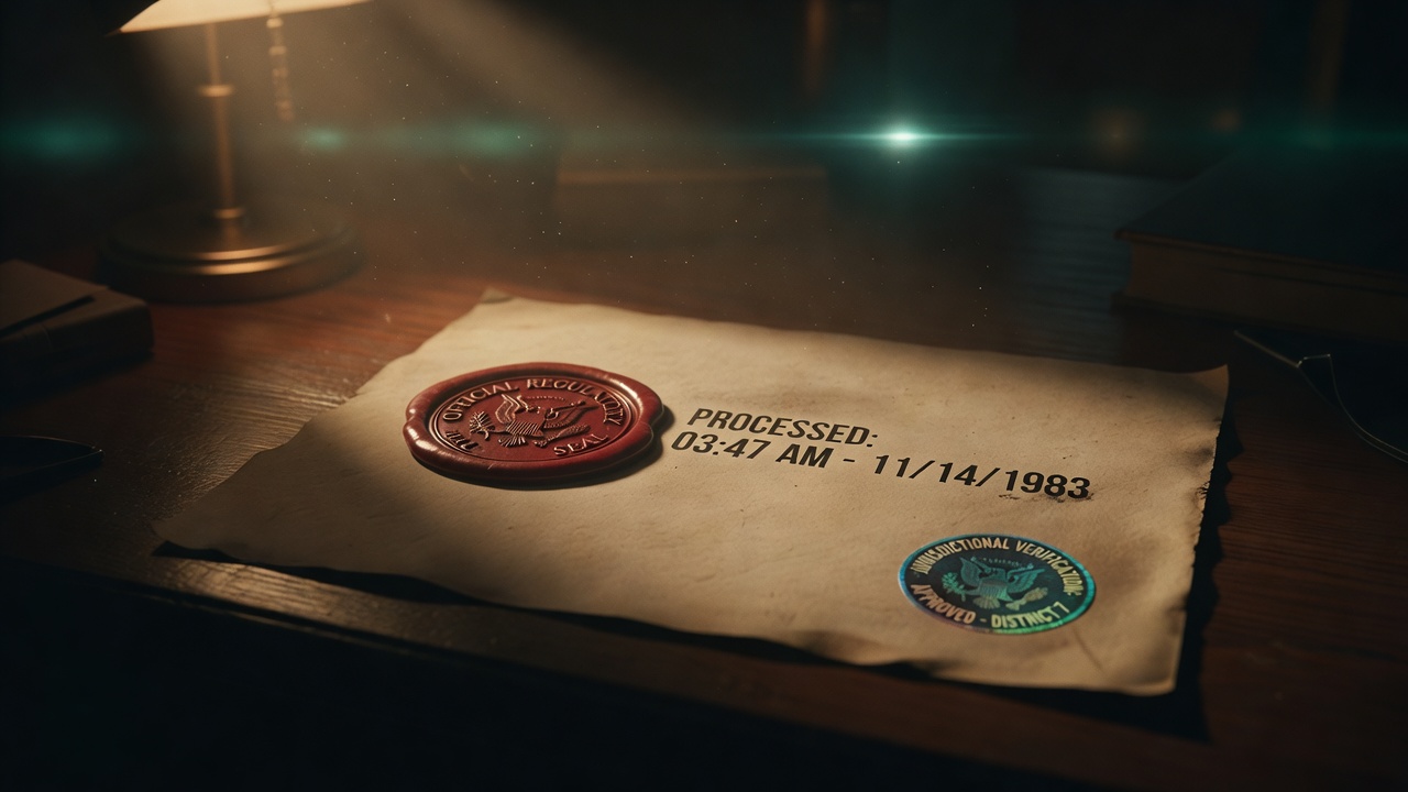 Official regulatory seal document with processing timestamp and jurisdictional verification badge