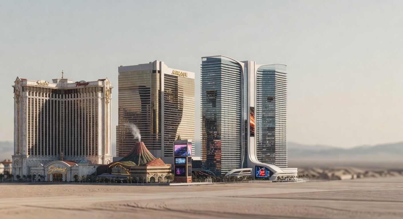 Las Vegas Strip skyline showing three distinct hotel casino eras side by side