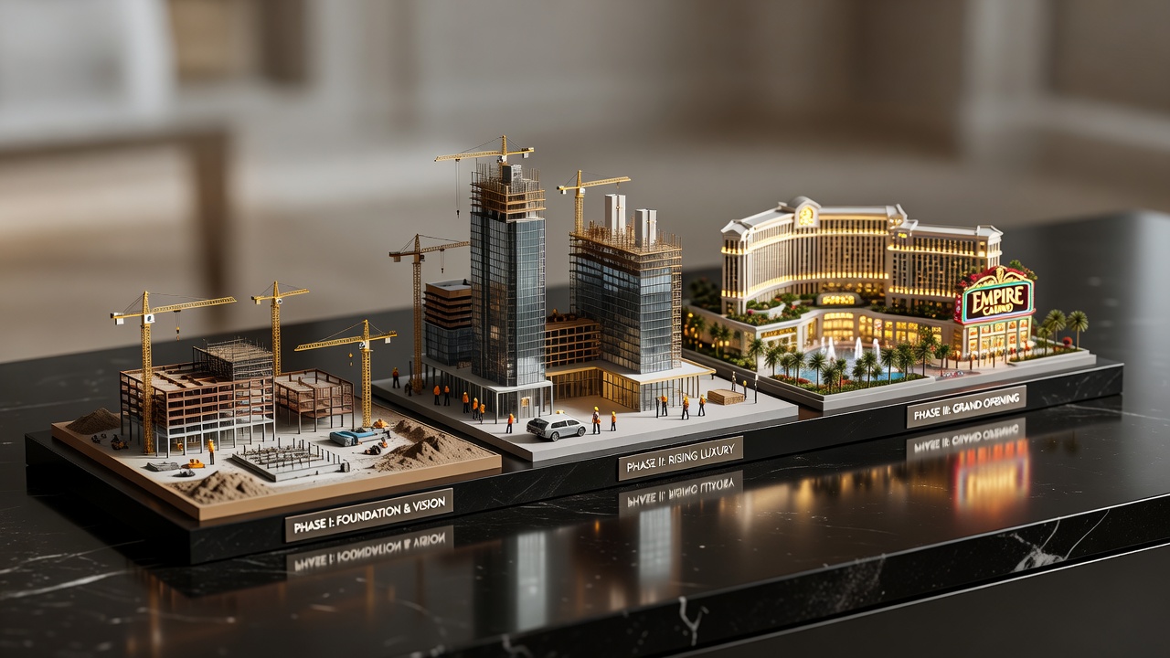 Casino empire expansion timeline with three major resort construction phases