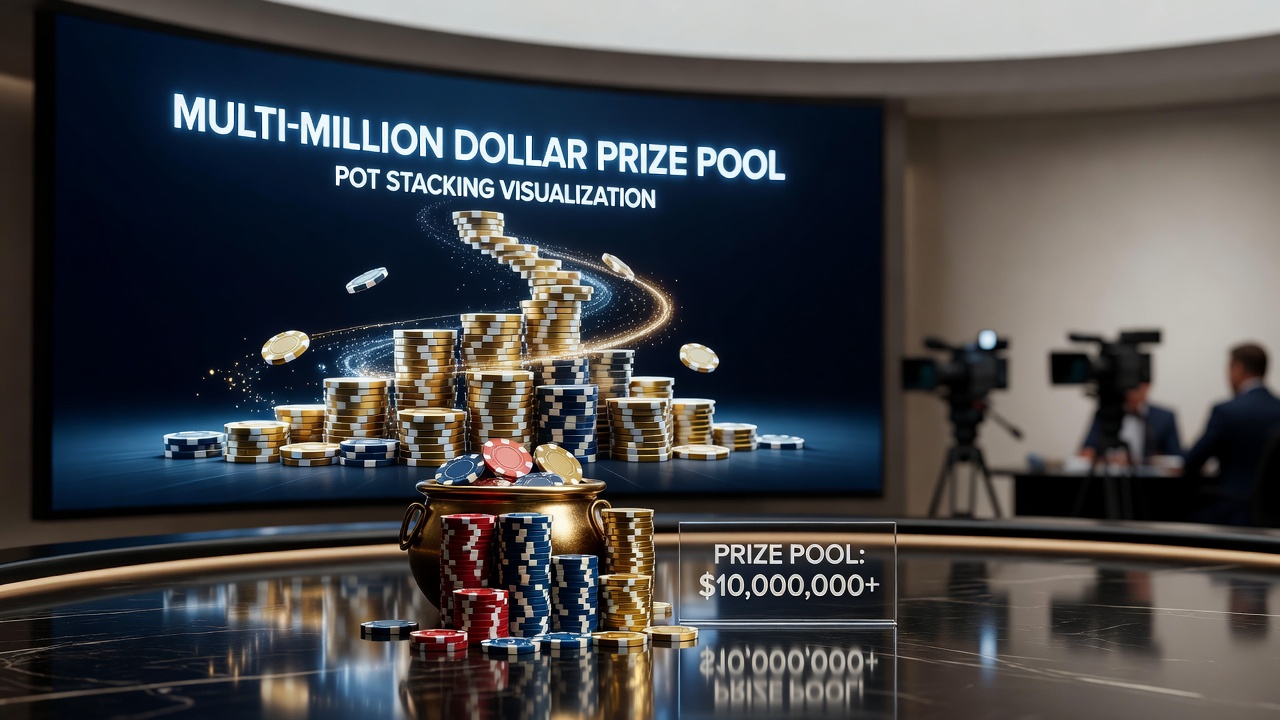 Televised poker pot stacking visualization with multi-million dollar prize pool display