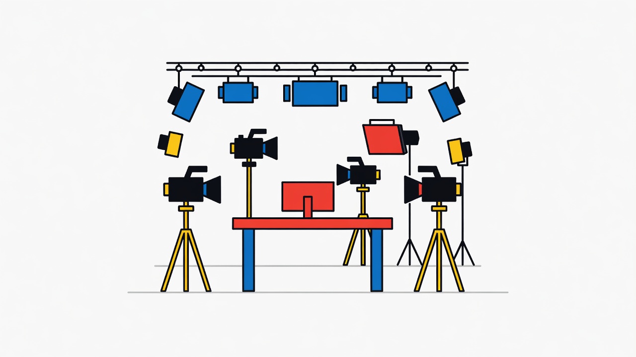 Studio sound stage with mounted camera rigs and lighting arrays surrounding dealer station