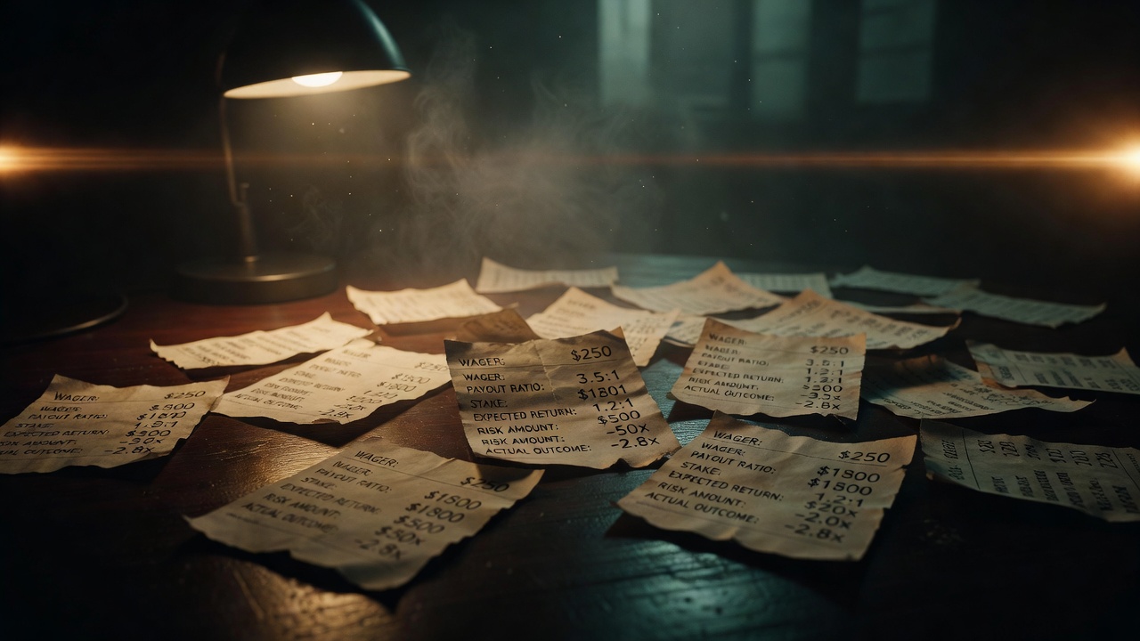 betting slips scattered across table with amount values compared to financial outcome ratios