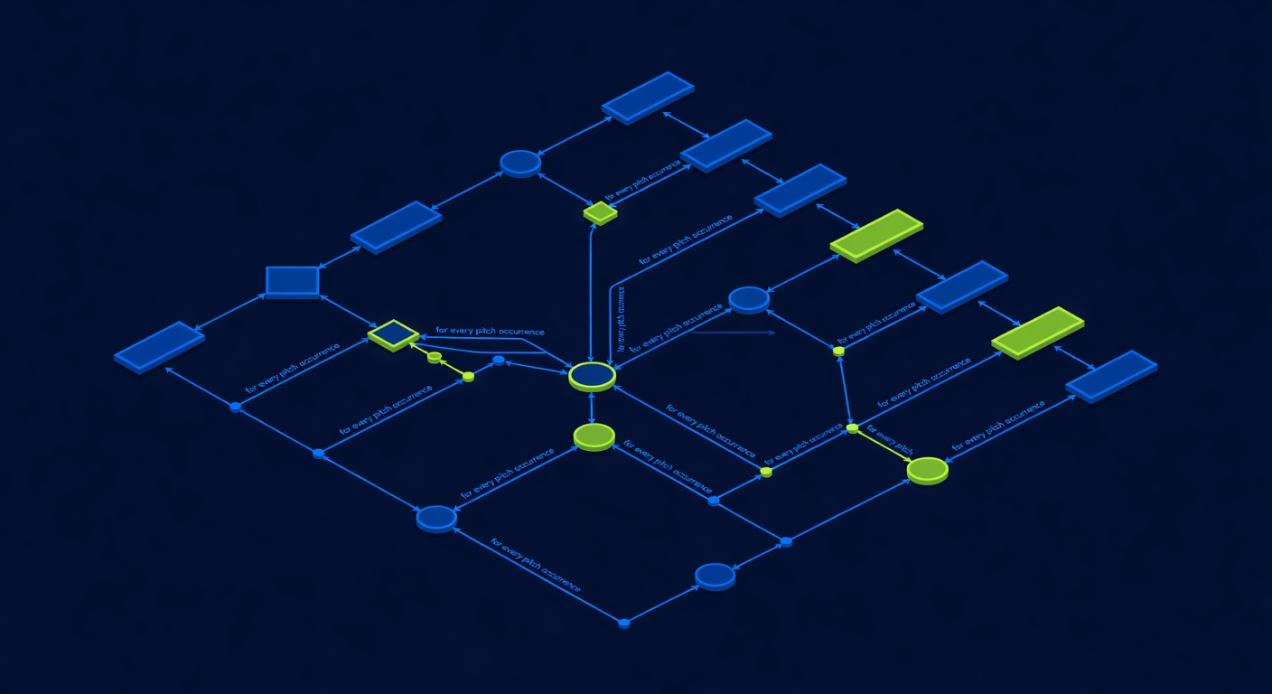 Neon transaction flow diagram with branching paths for every pitch occurrence