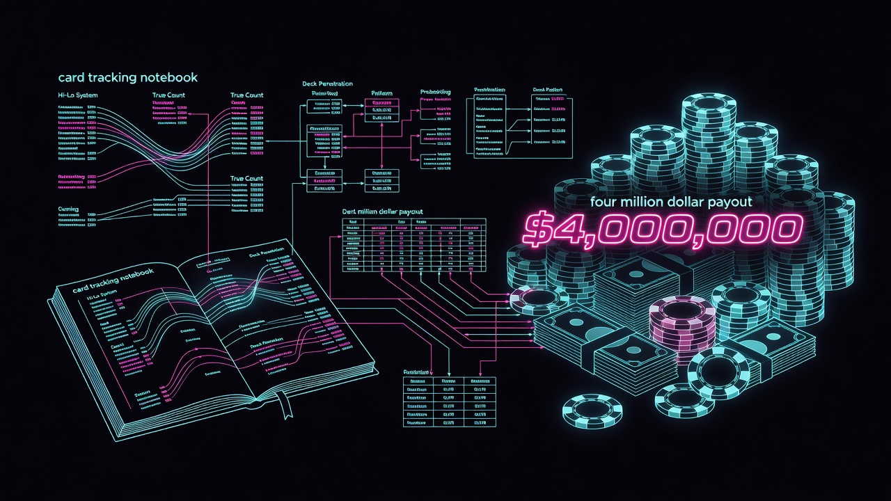 Blackjack counting system documentation with card tracking notebook and four million dollar payout